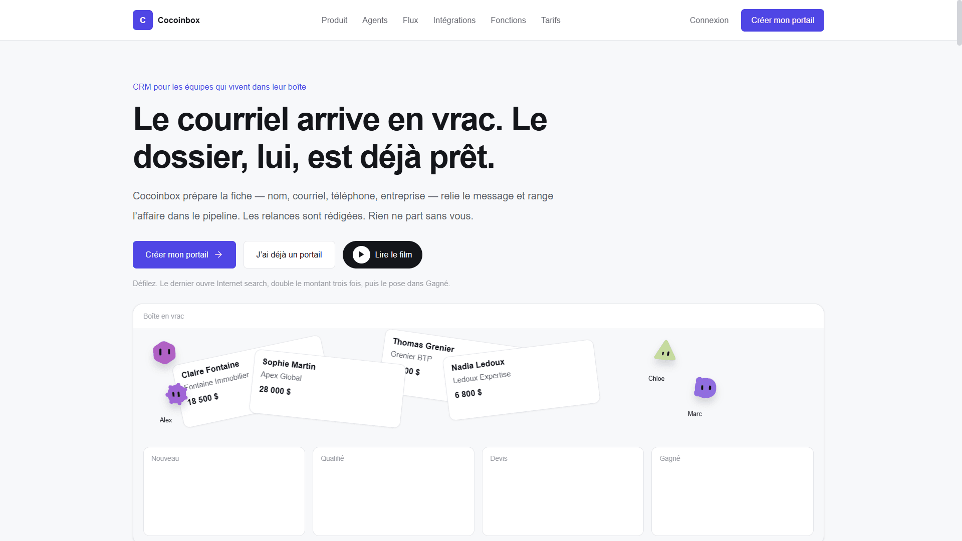 CRM Cocoinbox, capture du site en ligne