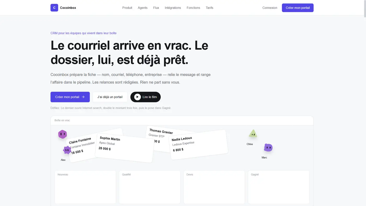 CRM Cocoinbox, capture du site en ligne