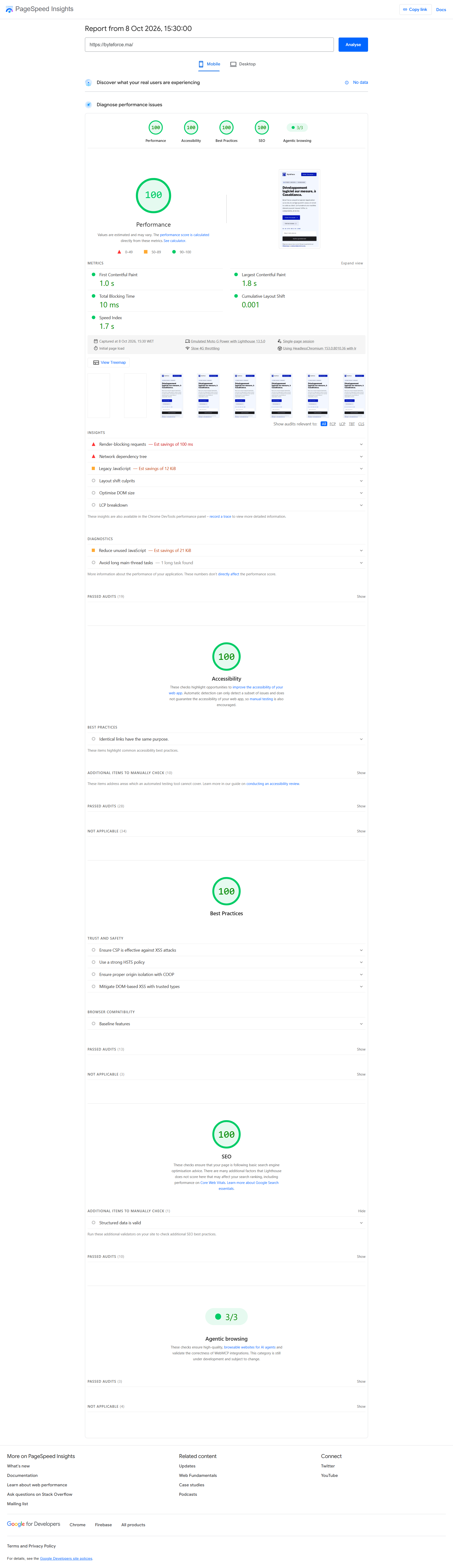 PageSpeed Insights du 8 octobre 2026, 15:20:33, les quatre notes à 100 et 3/3 pour les agents. Premier affichage 0,2 s, plus grand élément 0,5 s.