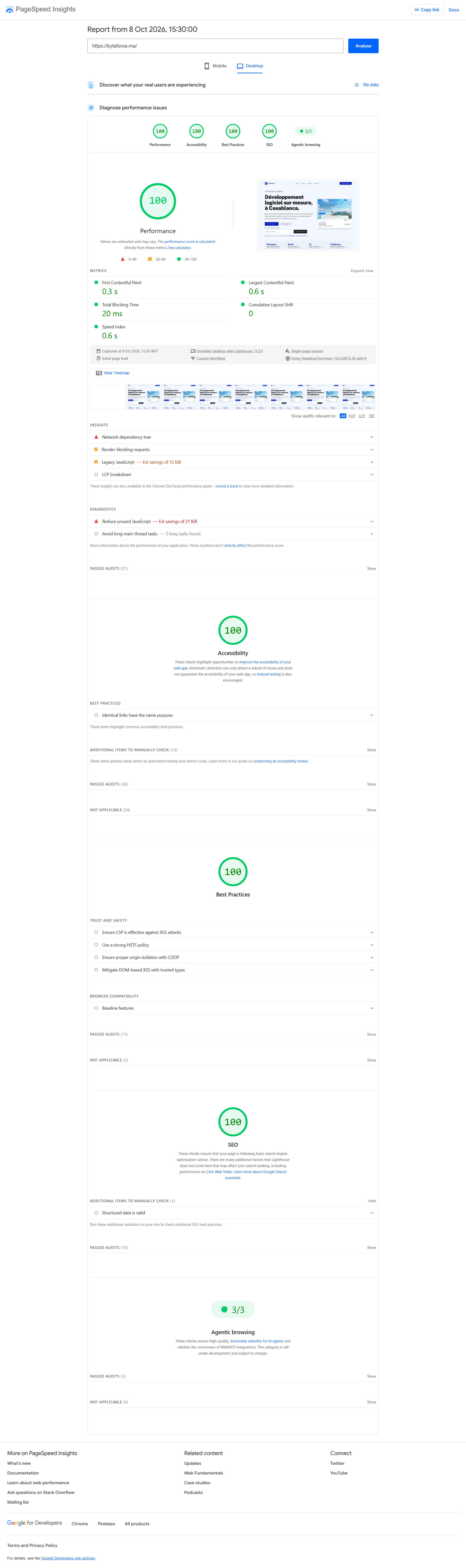 PageSpeed Insights du 8 octobre 2026, 15:20, performance 100, accessibilité 100, bonnes pratiques 100, SEO 100, et 3/3 pour les agents. Premier affichage 0,7 s, plus grand élément 1,2 s.